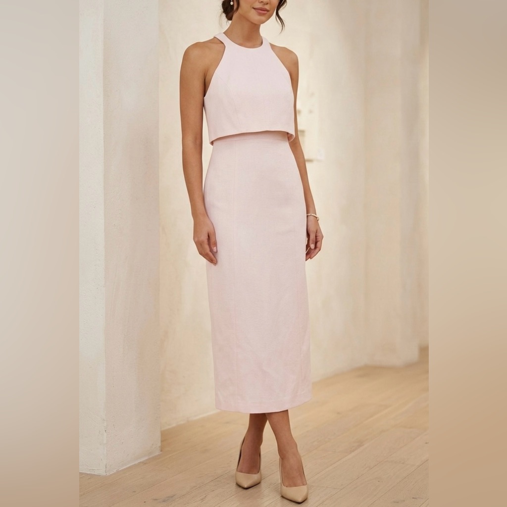 Karen Millen Tailored Cotton Blush Textured Midi Dress $499
